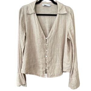 ZARA 100% linen top w/ flared sleeve & mother of pearl buttons in sand beige Med